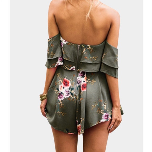 Green Floral Off The Shoulder Romper - Picture 2 of 5